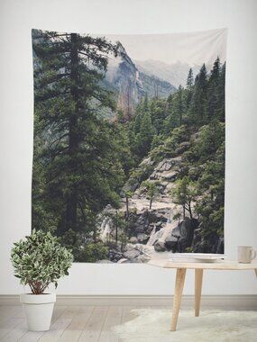 Yosemite View Wall Tapestry, Large Decor Waterfall and Forest Scenery
